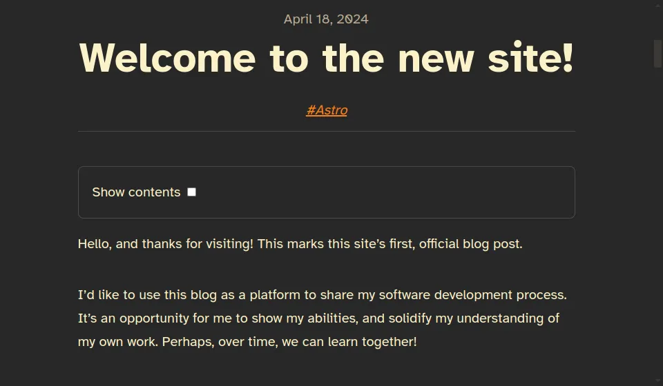 The home page with a dark color theme