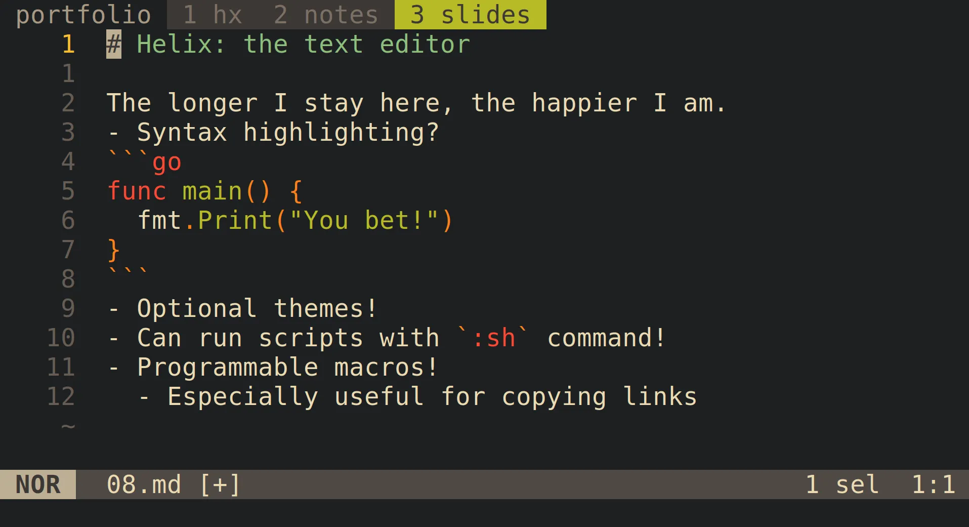 Image of a markdown file with a code snippet in Helix